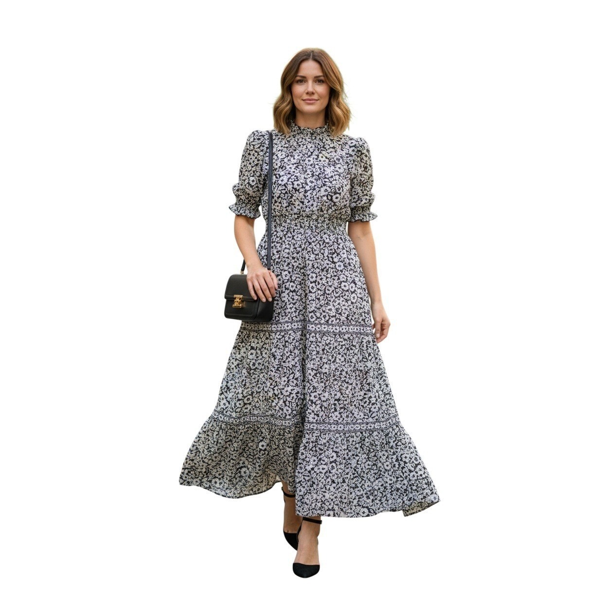 Max Studio London Black White Floral Smocked Waist Tiered Midi Dress Medium
